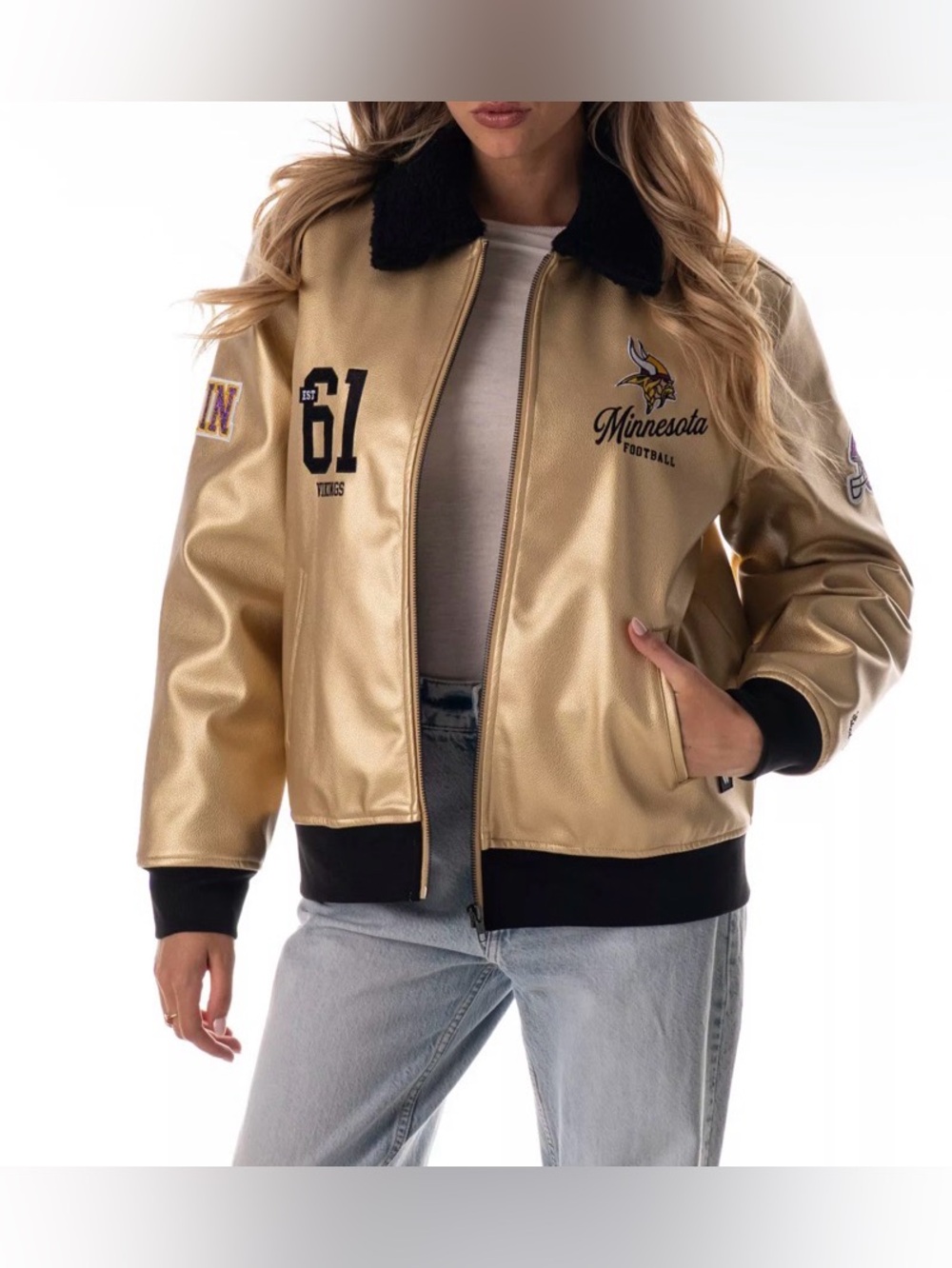 The Wild Collective Minnesota Vikings Faux Leather Bomber Women’s Jacket Sz: S - Picture 2 of 8